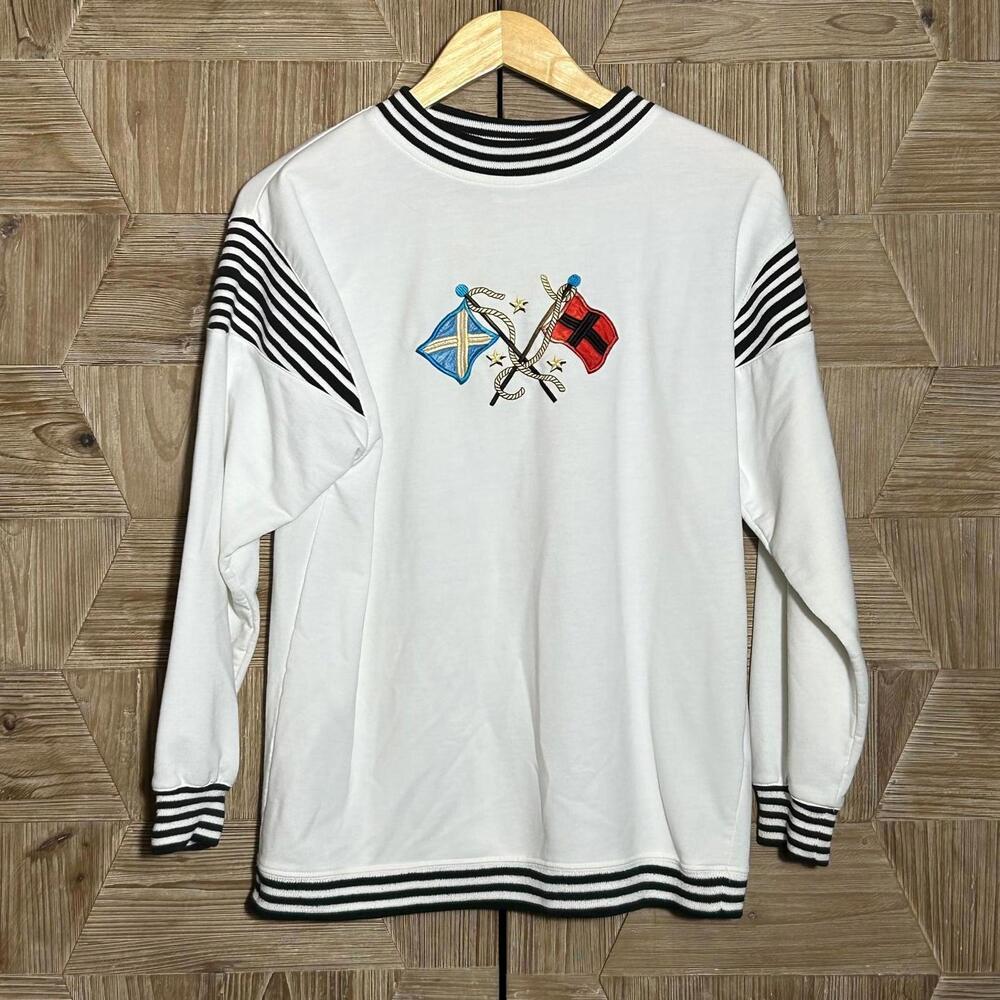 Petite Sophisticate Womens White Long Sleeve Top Size PS Embroidered Preppy